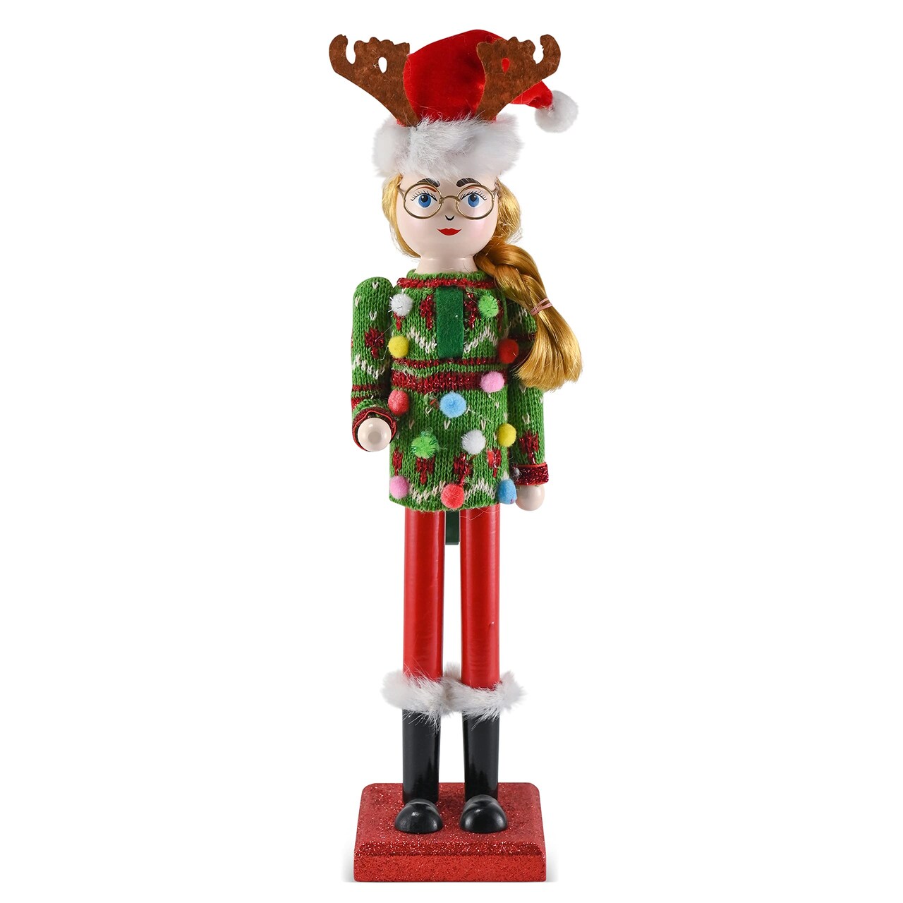 Ornativity Christmas Ugly Sweater Nutcracker – Red and Green Wooden Nutcracker Woman with an Ugly Sweater and Reindeer Hat Xmas Themed Holiday Nut Cracker Doll Figure Decorations